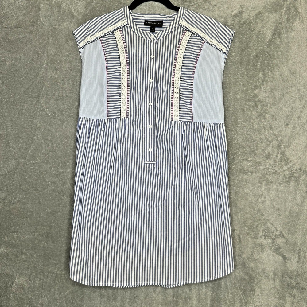 Lane Bryant 24 2X Shirt Top Blue Striped Sleeveless Henley Round Neck Cotton